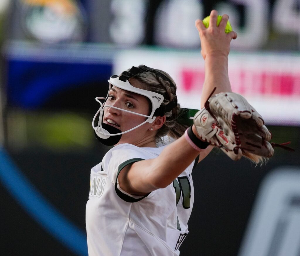 Former University of Alabama star pitcher Montana Fouts returned to Rhoads Stadium for the first time as a professional, pitching for the Talons of the Athletes United Softball League as they played the Volts.