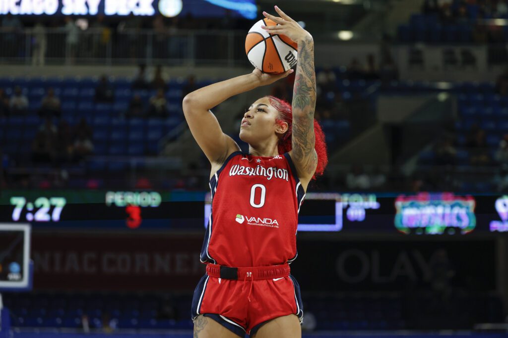 Washington Mystics forward Shakira Austin (0) shoots against the Chicago Sky during the second half at Wintrust Arena.