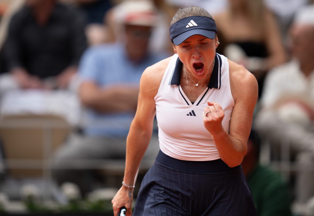 Elina Svitolina of Ukraine reacts during her match against Belinda Bencic of Switzerland on day eight at Stade Roland Garros.