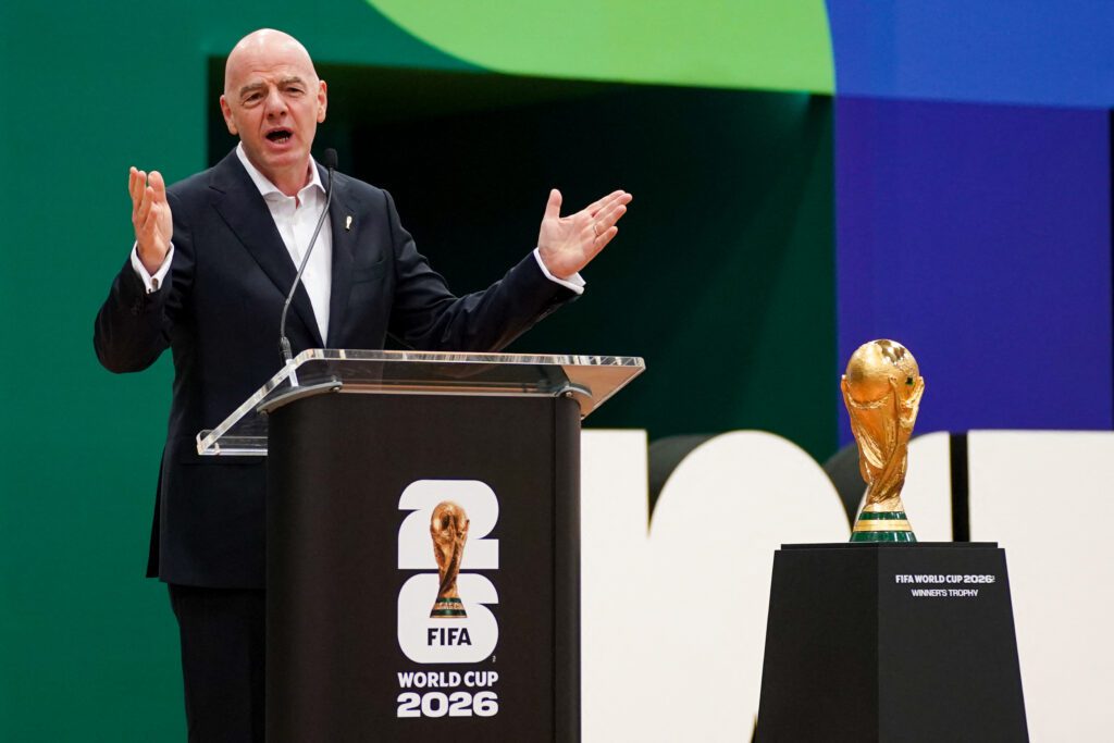 FIFA President Gianni Infantino speaks during the grand opening of the 2026 FIFA World Cup international broadcast center at Kay Bailey Hutchison Convention Center.