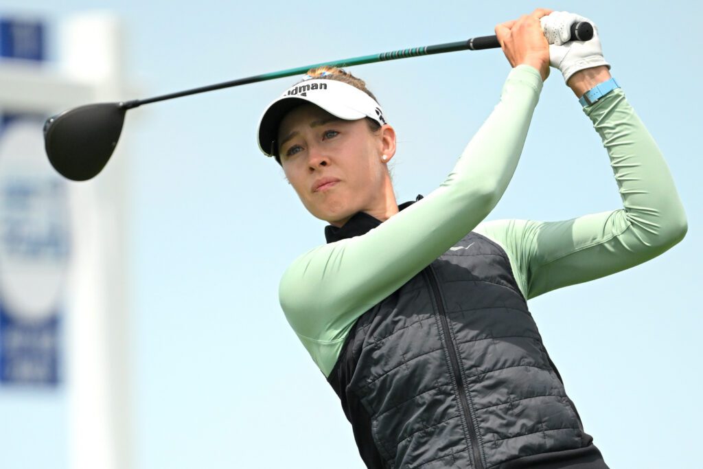 Nelly Korda takes a tee shot off of hole 1 during the final round of the KPMG Women's PGA Championship golf tournament.
