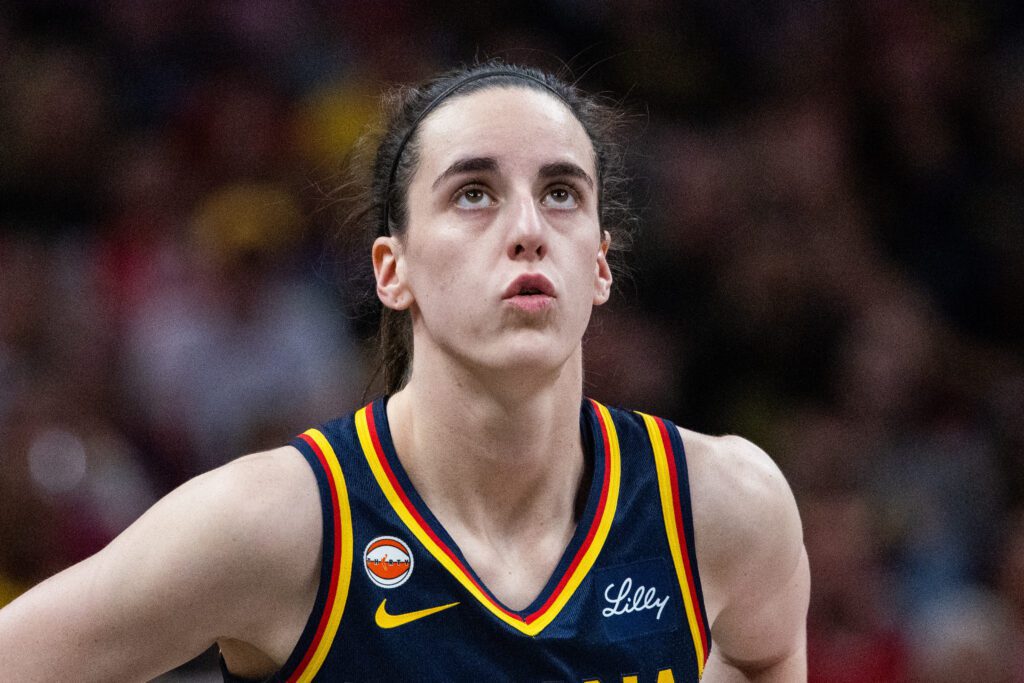 Indiana Fever guard Caitlin Clark (22) in the first half against the New York Liberty at Gainbridge Fieldhouse.