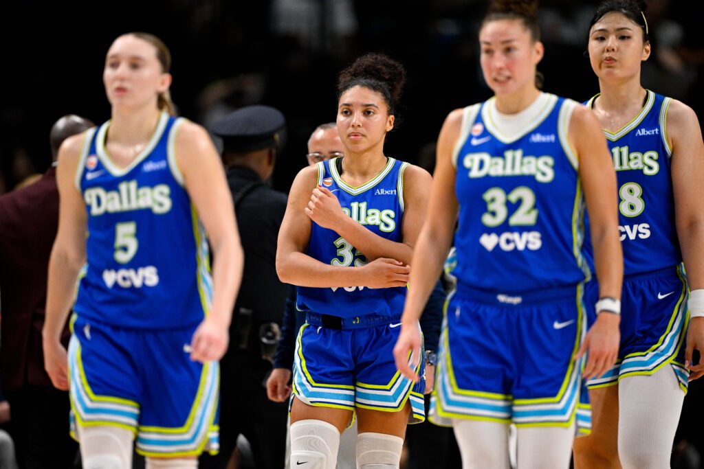 Dallas Wings guard Paige Bueckers (5) and guard Azzi Fudd (35) and forward Jessica Shepard (32) and center Li Yueru (28) during the game between the Wings and the Sky at American Airlines Center.