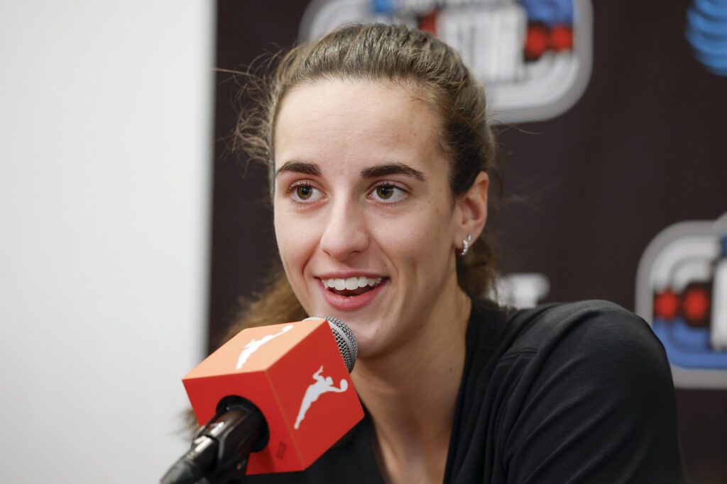 Indiana Fever guard Caitlin Clark speaks during WNBA All-Star Weekend Media Day at Obama Presidential Center.