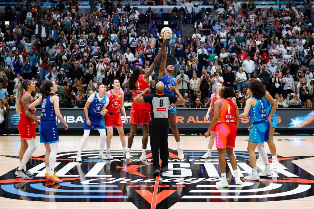 Team Coop forward Natasha Howard (1) and Team Spoon center Aliyah Boston (7) jump for the ball in the first quarter during the 2026 WNBA All Star Game.