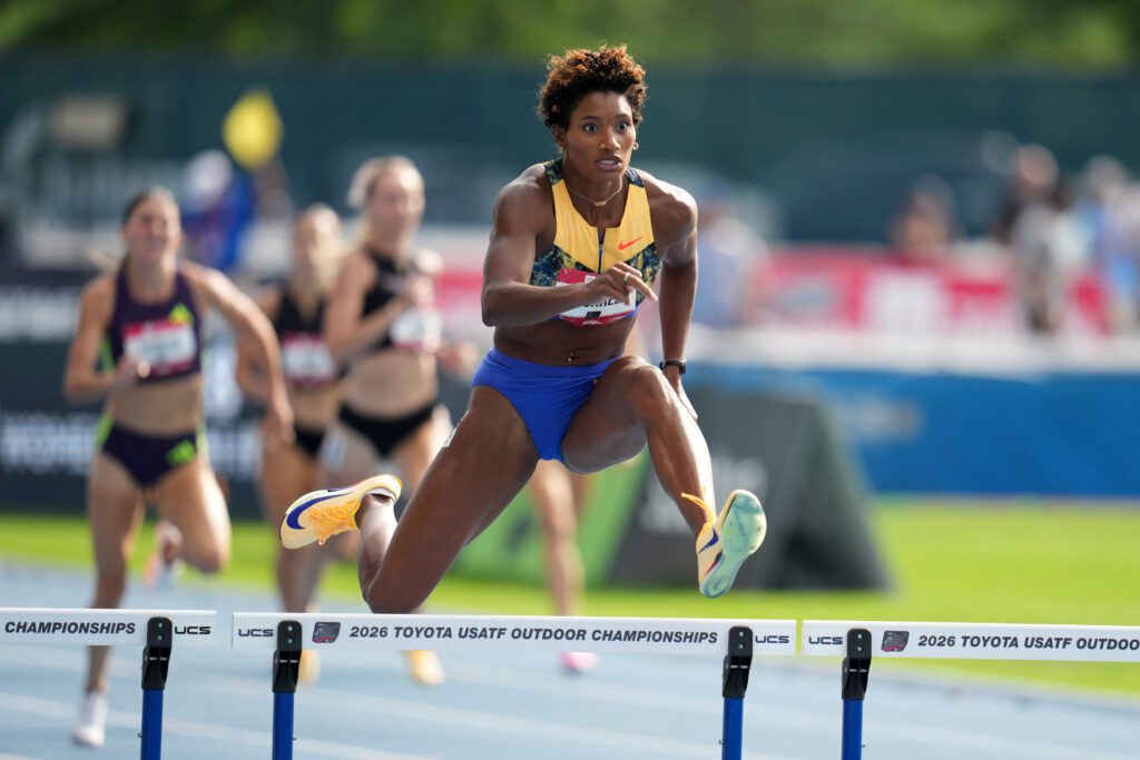 Anna Cockrell wins the women's 400m hurdles in 52.94 during the USATF Championships at Icahn Stadium.