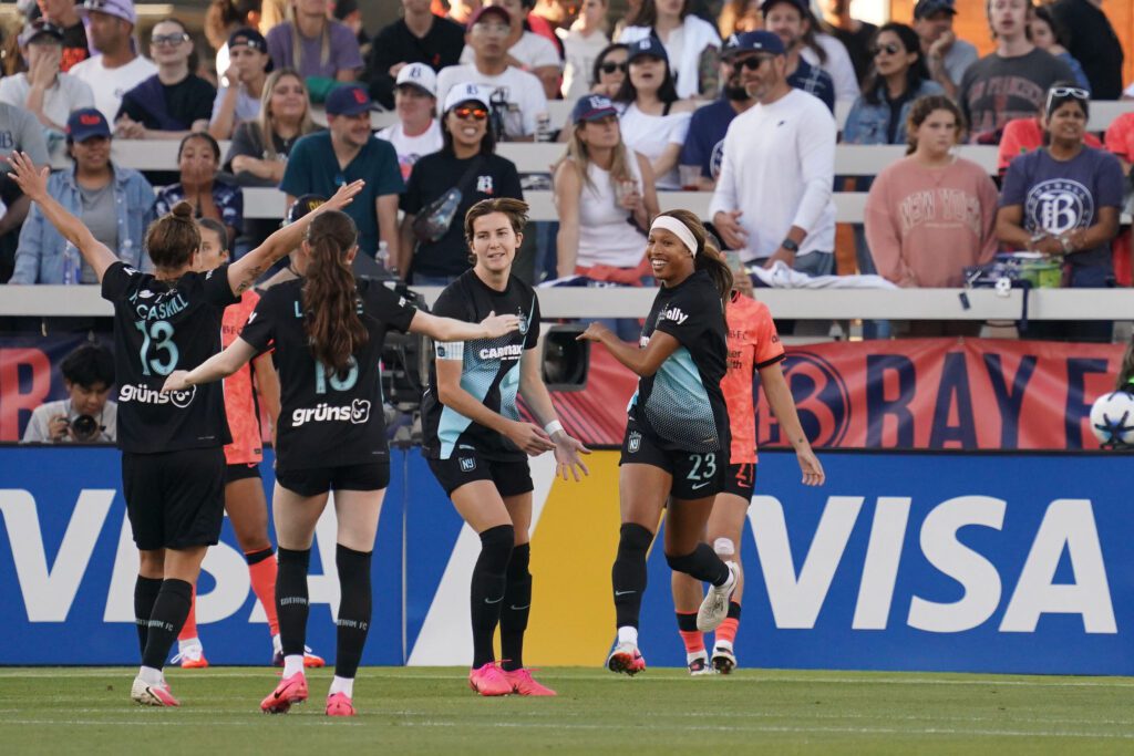 NJ/NY Gotham FC forward Midge Purce (23) celebrates with teammates after scoring against Bay FC in the first half at PayPal Park during the gotham vs bay fc game.