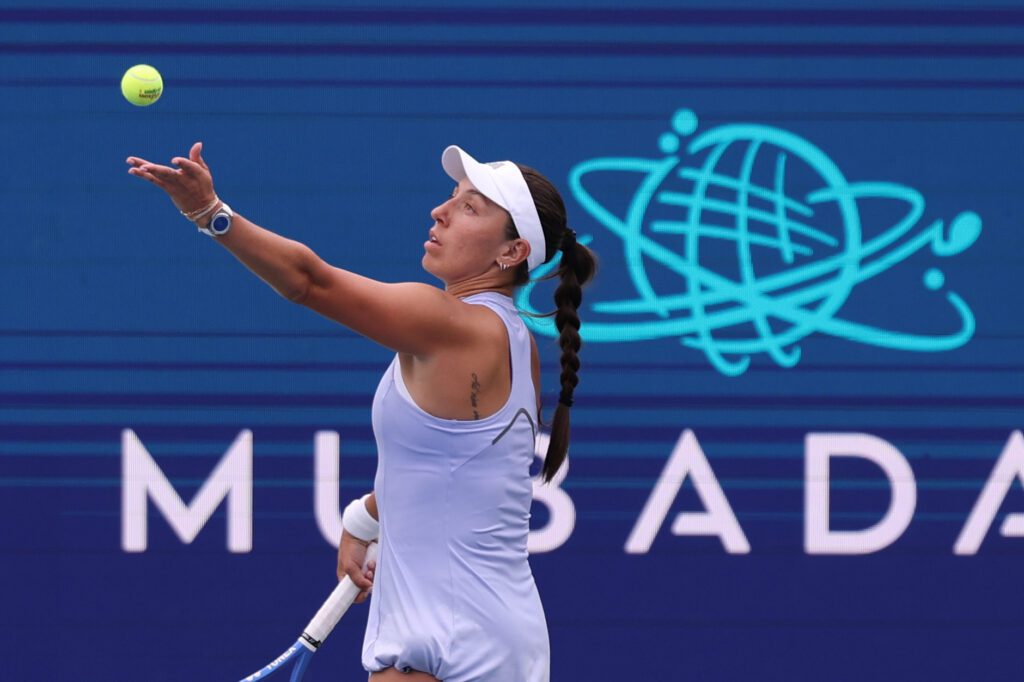 Jessica Pegula (USA) serves against Magdalena Frech (POL) (not pictured) on day four of the 2026 Mubadala DC Open at Rock Creek Park Tennis Center.