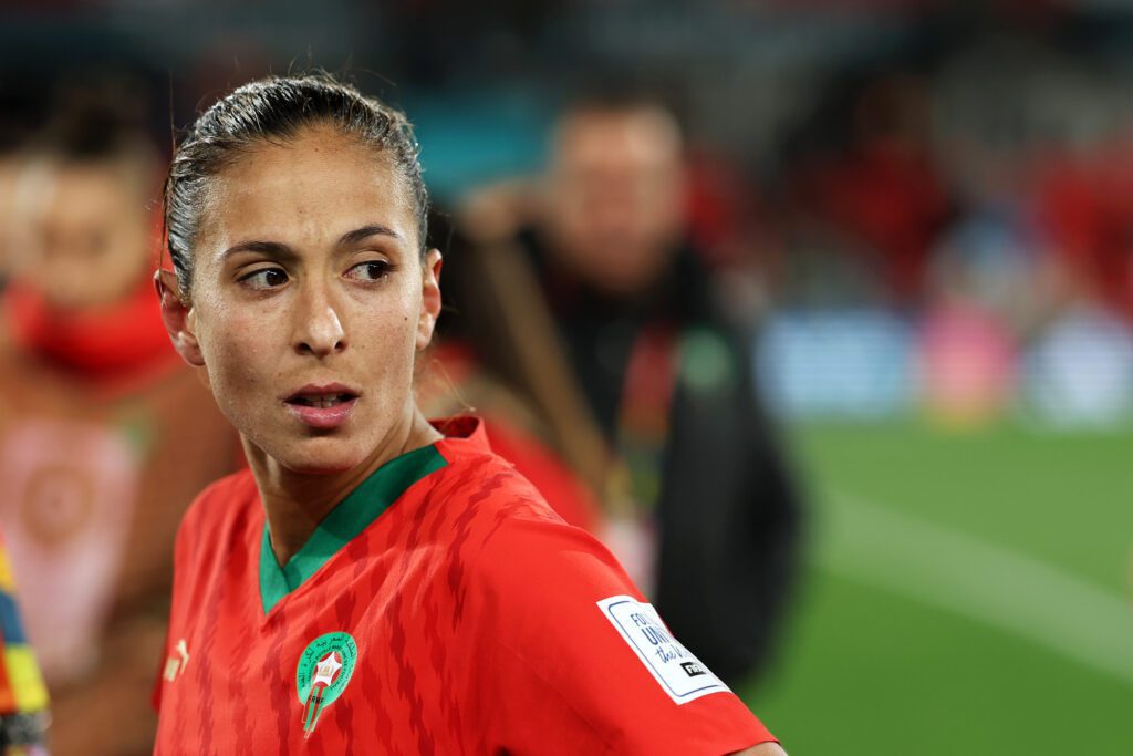 Ibtissam Jraidi of Morocco looks dejected after the team’s 0-4 defeat and elimination from the tournament following the FIFA Women's World Cup Australia & New Zealand 2023 Round of 16 match between France and Morocco at Hindmarsh Stadium