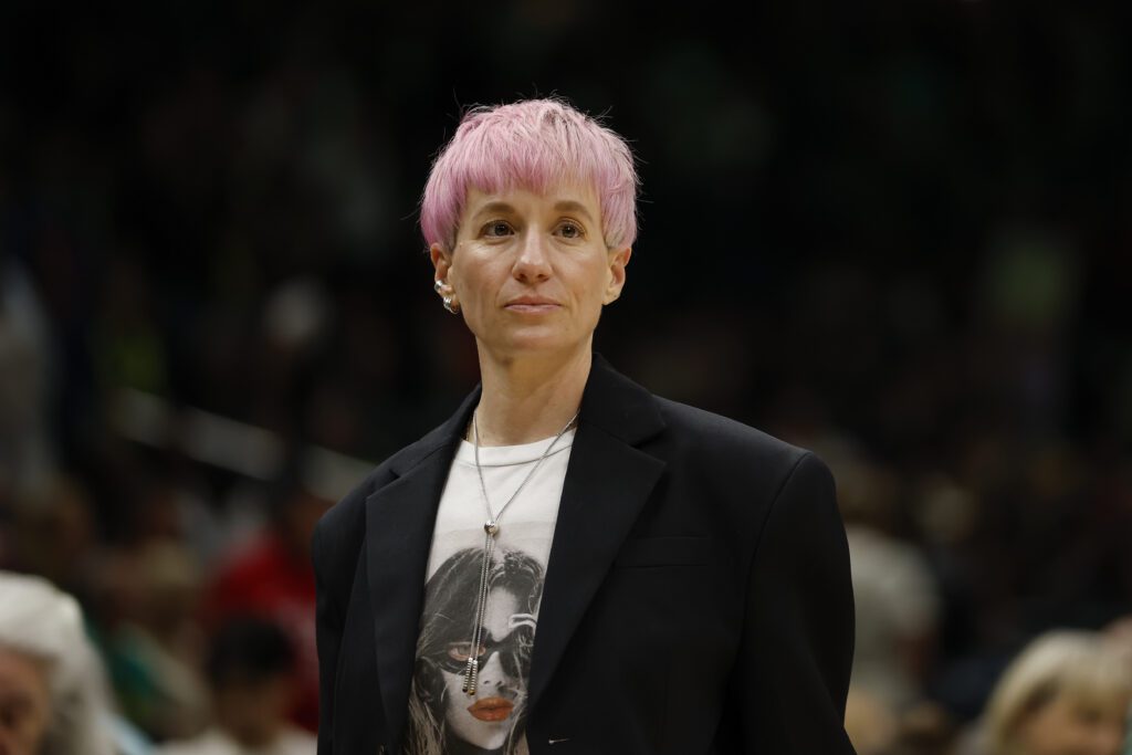 Former professional soccer player, Megan Rapinoe, attends the game between the Seattle Storm and the Indiana Fever at Climate Pledge Arena on June 24, 2025 in Seattle.