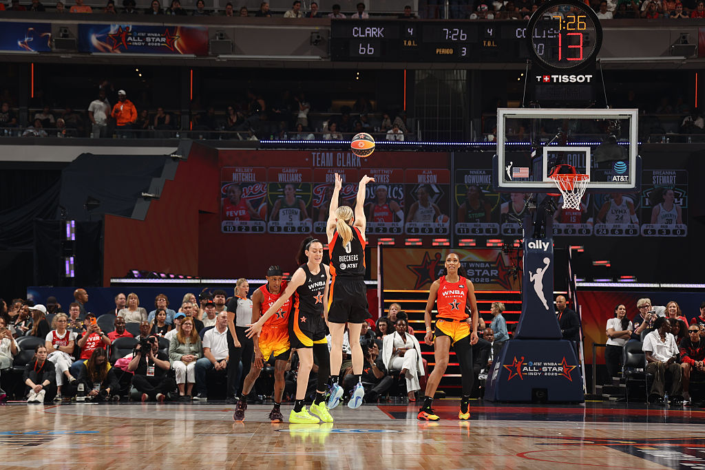 Paige Bueckers #5 of Team Collier shoots a three point basket during the game against Team Clark during the AT&T WNBA All-Star Game 2025 on July 19, 2025 at Gainbridge Fieldhouse in Indianapolis, Indiana.