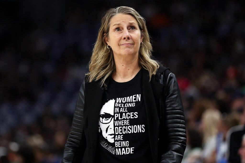 Head coach Cheryl Reeve of the Minnesota Lynx looks on during the first quarter of game one of the first round of the WNBA Playoffs against the Golden State Valkyries at Target Center.
