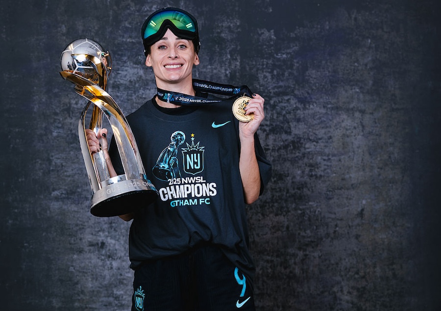 Esther González of Gotham FC poses with the trophy following their win over the Washington Spirit at PayPal Park on November 22, 2025 in San Jose, California.