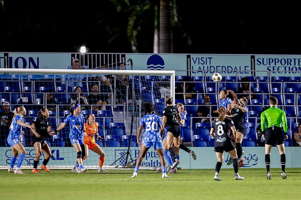 DC Power FC and Fort Lauderdale United players battle for the ball during a Gainbridge Super League Match between DC Power FC and Fort Lauderdale United at Beyond Bancard Field on April 06, 2026 in Davie, Florida.