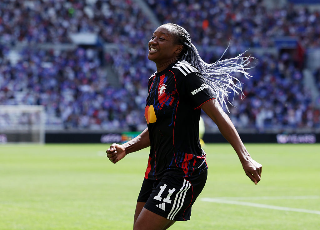 Kadidiatou Diani of OL Lyonnes celebrates scoring her team’s second goal during the UEFA Women’s Champions League 2025/26 Semi-Final Second Leg match between OL Lyonnes and Arsenal FC at OL Stadium on May 02, 2026 in Decines-Charpieu, France.