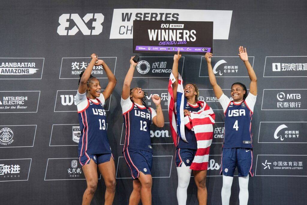 Team the United States celebrate during the awarding ceremony after the final match between Germany and the United States at the FIBA 3x3 Women's Series Chengdu Stop 2026 in Chengdu.