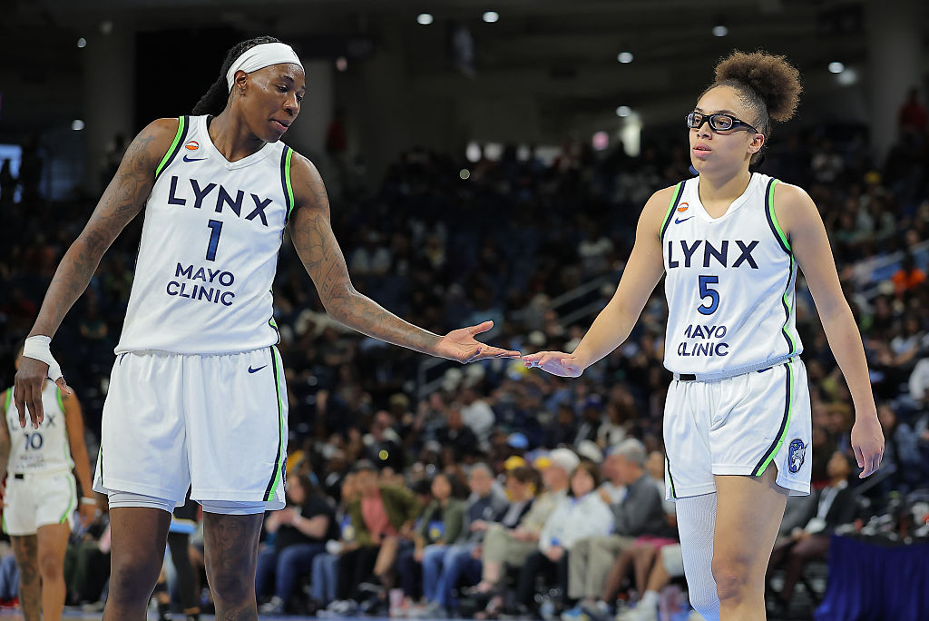 Natasha Howard #1 of the Minnesota Lynx and Olivia Miles #5 of the Minnesota Lynx against the Chicago Sky during the second half May 29, 2026 at Wintrust Arena in Chicago, Illinois ahead of Friday's Lynx vs Liberty game.