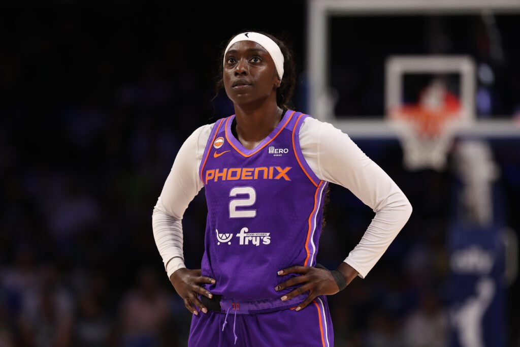Kahleah Copper #2 of the Phoenix Mercury looks on during the first half against the Dallas Wings at College Park Center.