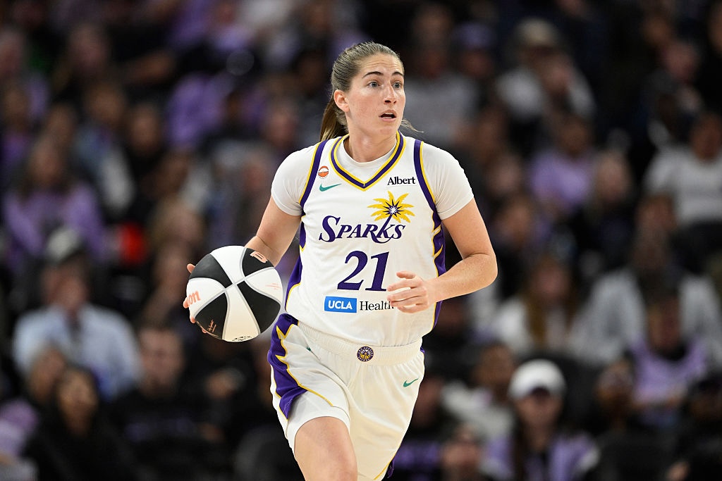 Kate Martin #21 of the Los Angeles Sparks dribbles against the Golden State Valkyries in the third quarter during a Commissioner's Cup game at Chase Center on June 15, 2026 in San Francisco.