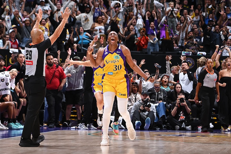 Nneka Ogwumike #30 of the Los Angeles Sparks celebrates after shooting a game winning three point basket during the game against the New York Liberty.