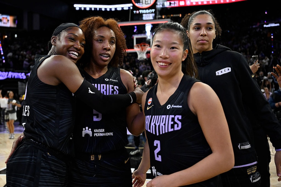 Kaila Charles #6 of the Golden State Valkyries hugs Kayla Thornton #5 after the game against the Atlanta Dream at Chase Center.