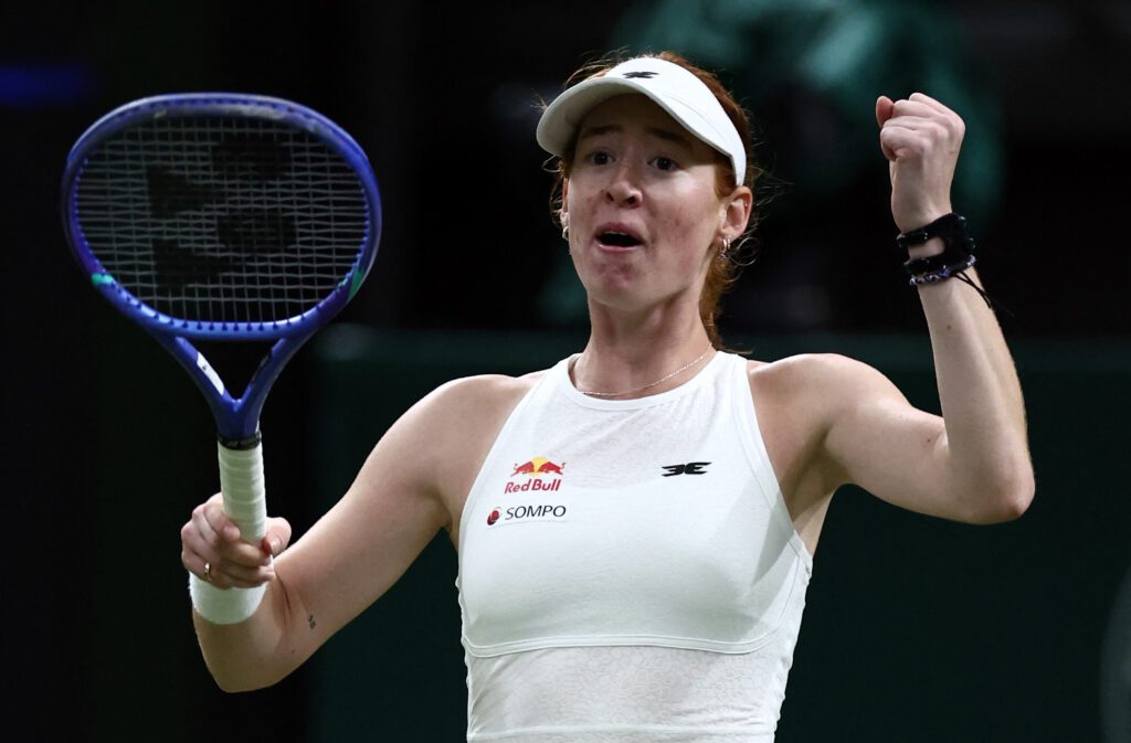 Australia's Maya Joint celebrates beating US player Serena Williams during their women's singles first round tennis match on the second day of the 2026 Wimbledon Championships at The All England Lawn Tennis and Croquet Club in Wimbledon.
