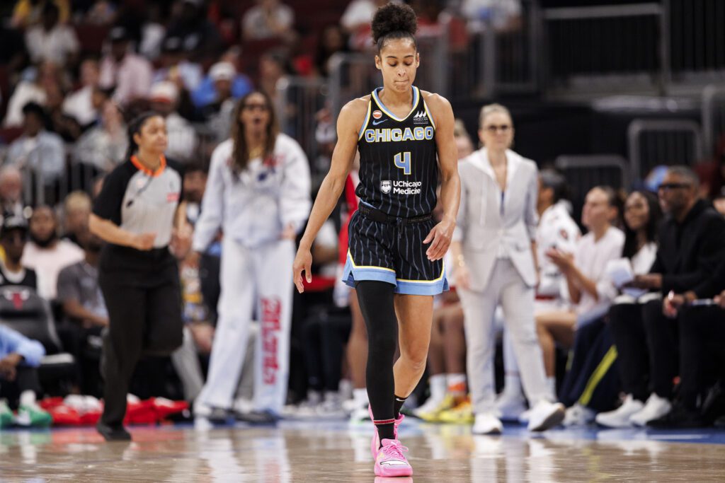 Skylar Diggins #4 of the Chicago Sky looks on during a game between the Las Vegas Aces and the Chicago Sky at the United Center.
