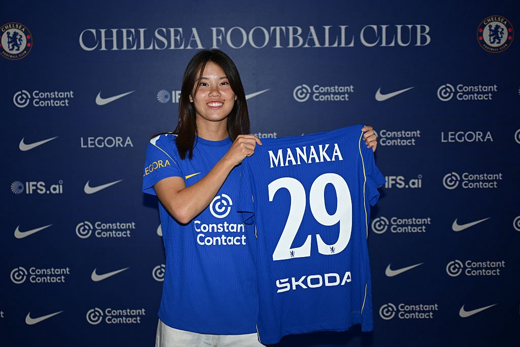 Manaka Matsukubo poses for a photograph as she signs for Chelsea FC Women at Stamford Bridge on July 03, 2026 in London, England.
