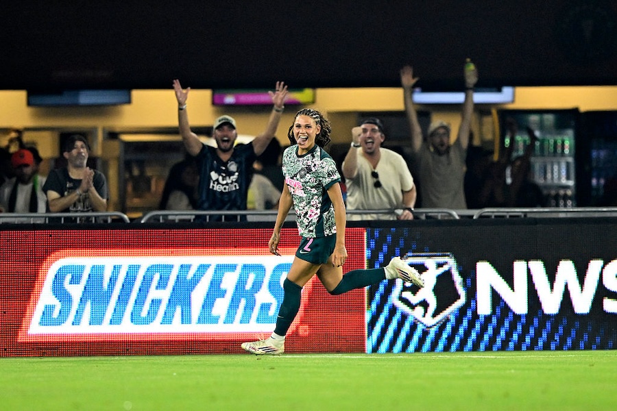 Trinity Rodman #2 of Washington Spirit celebrates after scoring the team's first goal during the NWSL match between Washington Spirit and Houston Dash at Audi Field.