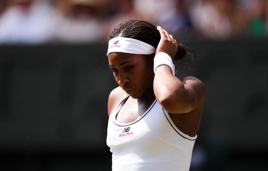 Coco Gauff of the United States looks dejected during her Ladies' Singles match against Karolina Muchova of the Czech Republic on day eleven of the 2026 Wimbledon Championships.