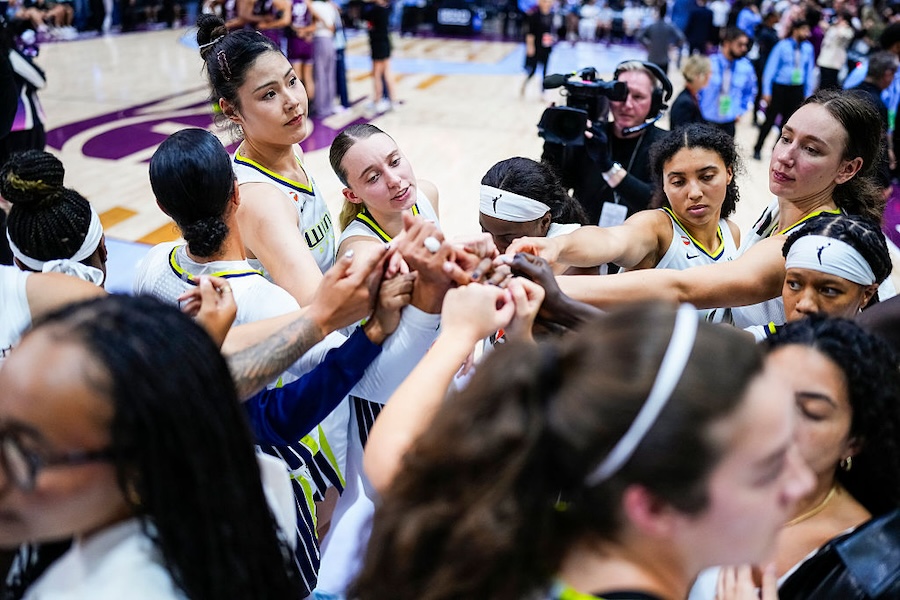 Paige Bueckers #5 of the Dallas Wings winning the game after playing against the Toronto Tempo in their WNBA game at the Coca-Cola Coliseum.