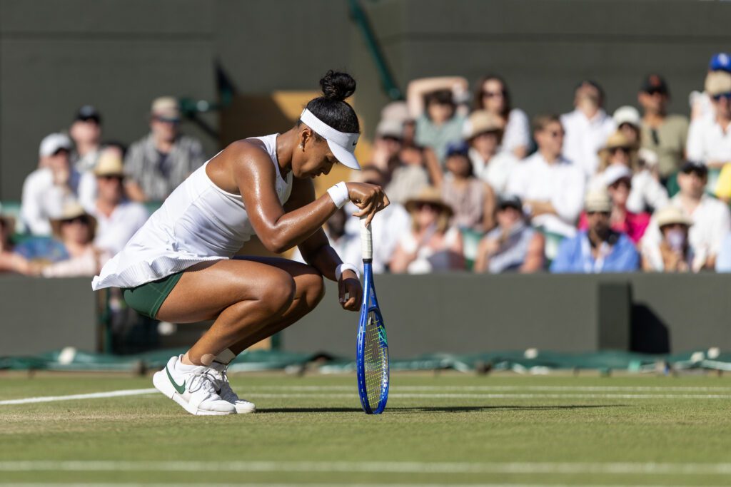 Naomi Osaka of Japan during her loss against Karolina Muchova of the Czech Republic in the quarter-final round of the Ladies' Singles Competition on No.1 Court during the Wimbledon Lawn Tennis Championships at the All England Lawn Tennis and Croquet Club at Wimbledon.