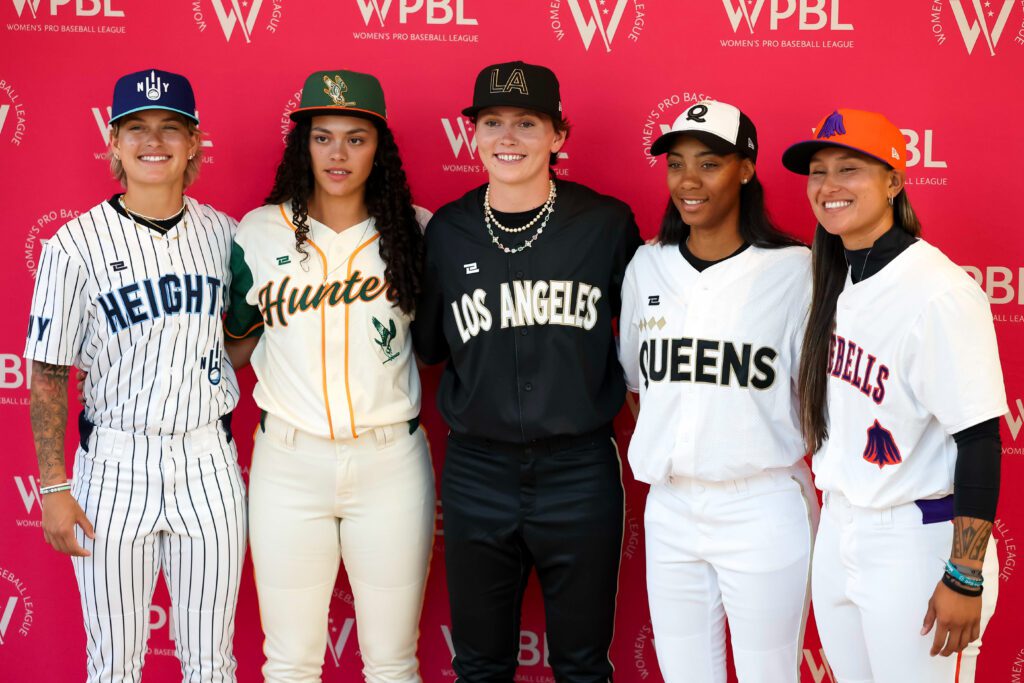Ashton Lansdell, Kelsie Whitmore, Denae Benites, Lexi Hastings, and Mo'ne Davis pose for a photograph at the WBPL team announcement at New Era Flagship Store on July 08, 2026 in New York City.