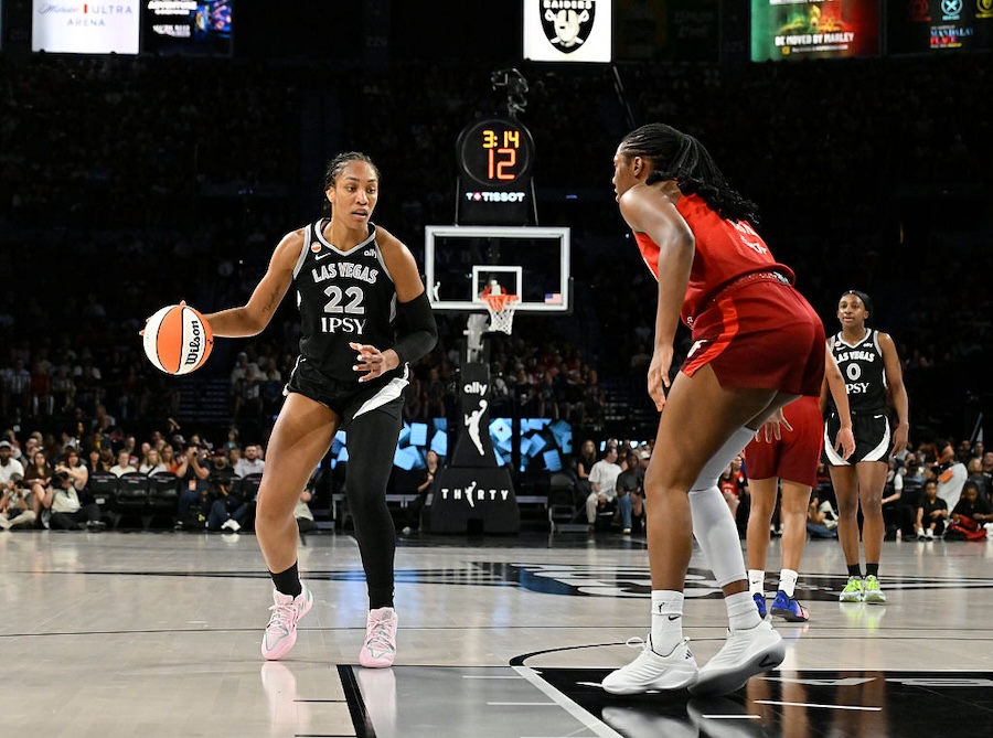 A'ja Wilson #22 of the Las Vegas Aces drives to the basket during the game against the Indiana Fever on July 12, 2026 at Michelob ULTRA Arena in Las Vegas, Nevada.