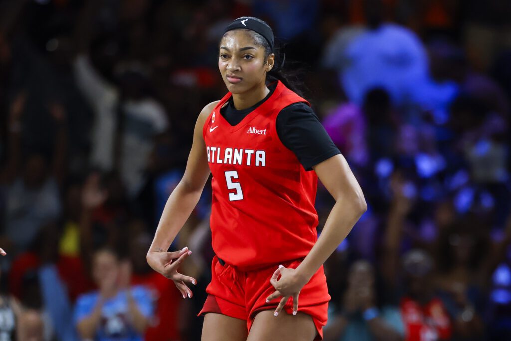 Angel Reese #5 of the Atlanta Dream reacts after a three pointer during the fourth quarter against the Los Angeles Sparks at Gateway Center.