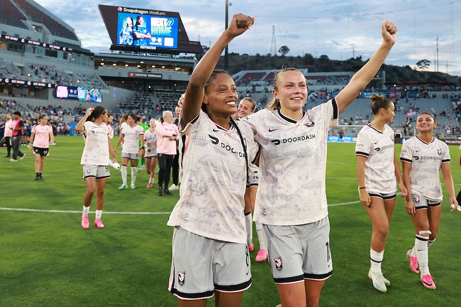 Ary Borges #8 and Claire Emslie #10 of Angel City FC celebrate following the team's victory in the NWSL match between San Diego Wave FC and Angel City FC