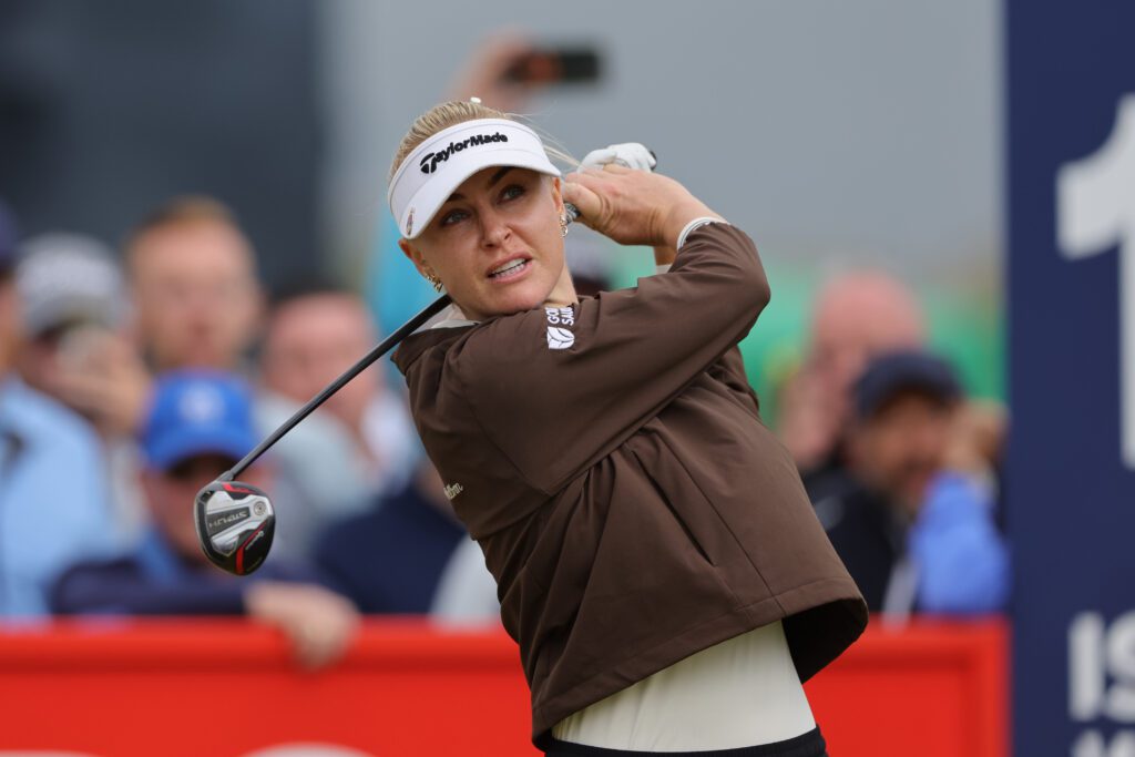 Charley Hull of England tees off during day two of the 2026 ISPS HANDA Women's Scottish Open at Dundonald Links, Ayrshire.