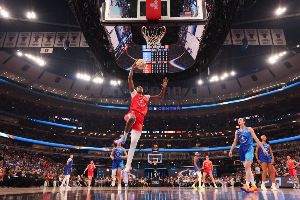 Dominique Malonga #14 of Team Coop goes up for the dunk against Team Spoon during the AT&T WNBA All-Star 2026 Game.
