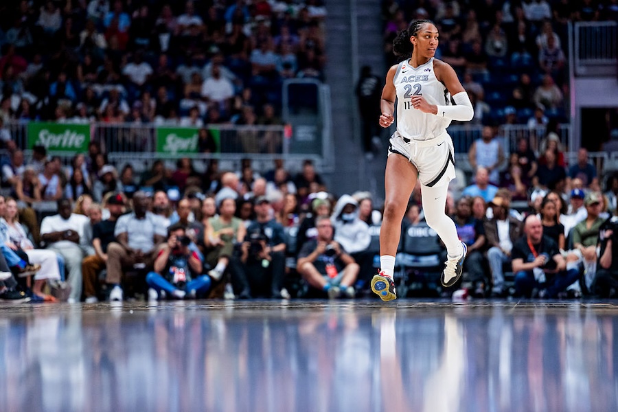 A'ja Wilson #22 of the Las Vegas Aces runs up court against the Toronto Tempo during the second half at Coca-Cola Coliseum on July 20, 2026 in Toronto, Canada