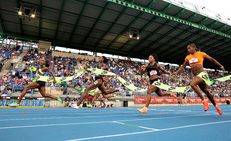 Sha'Carri Richardson reacts as she wins the Women's 100m final during the 2026 USATF Outdoor Track & Field Championships.