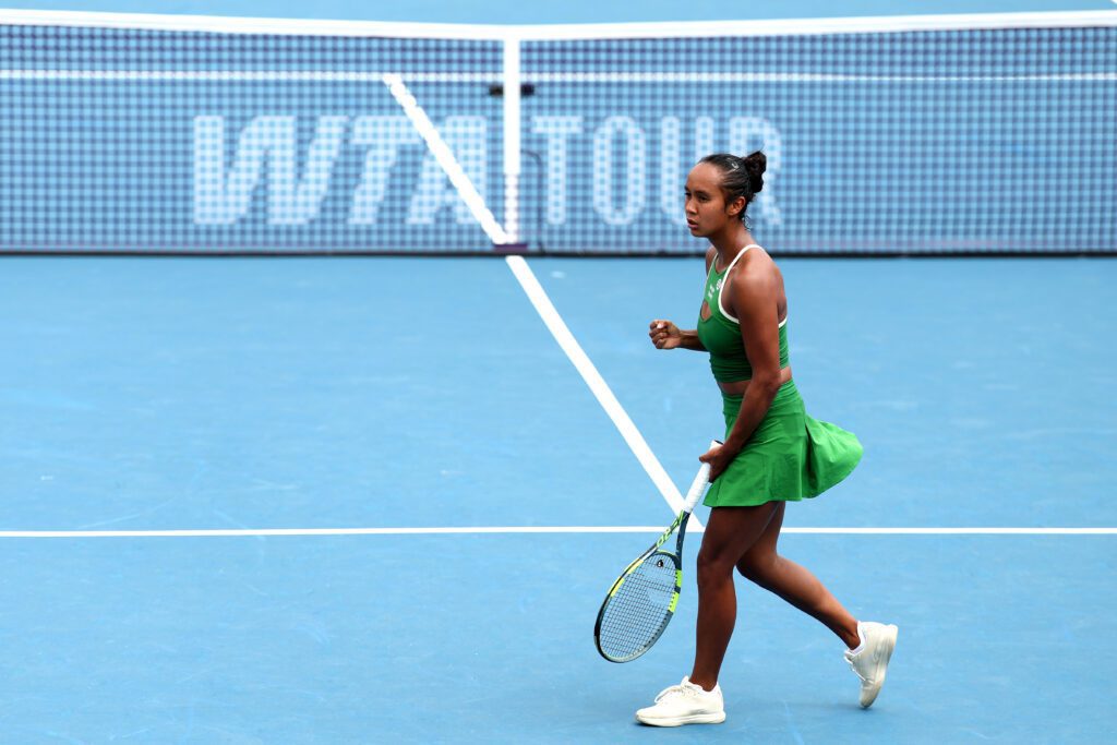 Leylah Fernandez of Canada celebrates during women's singles match against Magda Linette of Poland on day one of the Mubadala Citi DC Open 2026.