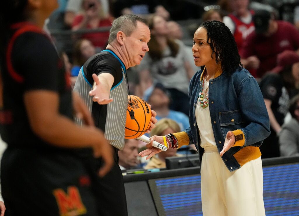 South Carolina head coach Dawn Staley disputes a call with an official at Legacy Arena in the Sweet 16. South Carolina advanced to the Elite 8 with a 71-67 victory.