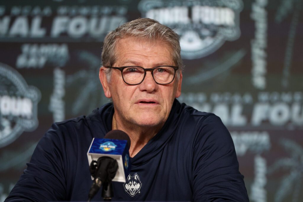UConn Huskies head coach Geno Auriemma talks to media before the NCAA Woman’s Final practice at Amalie Arena.