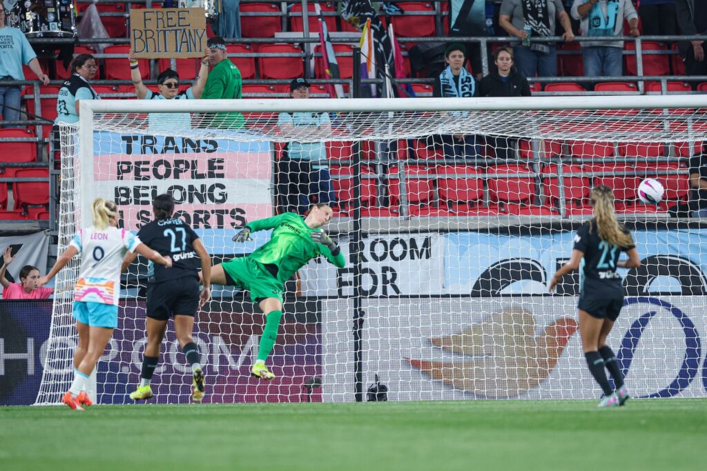 Gotham FC goalkeeper Ann-Katrin Berger (30) can not stop a shot by San Diego Wave FC midfielder KImmi Ascanio (not pictured) during the first half at Sports Illustrated Stadium.