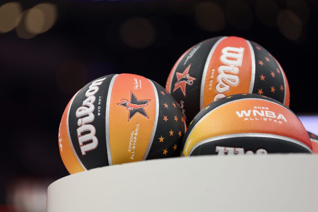 Basketballs are seen during the 2025 WNBA All Star Skills Challenge at Gainbridge Fieldhouse.