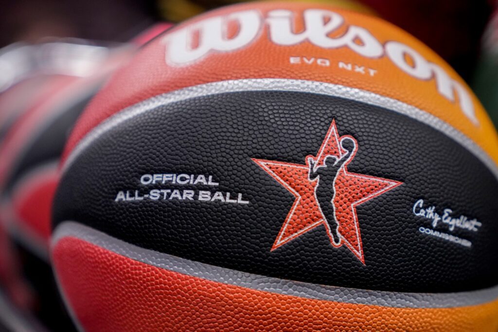 A basketball sits on a rack Friday, July 18, 2025, ahead of the WNBA All-Star 3-point and skills contests at Gainbridge Fieldhouse in Indianapolis.