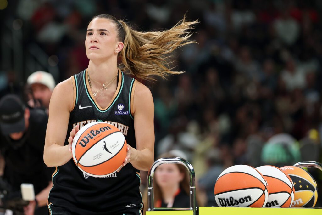 New York Liberty guard Sabrina Ionescu competes in the final round of the three-point contest during the 2025 WNBA All Star Skills Challenge at Gainbridge Fieldhouse.