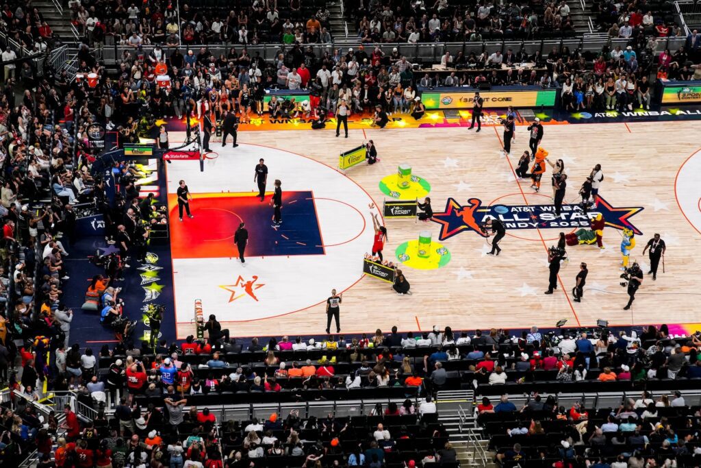 Atlanta Dream's Allisha Gray (15) competes Friday, July 18, 2025, during the WNBA All-Star 3-point contest at Gainbridge Fieldhouse in Indianapolis.