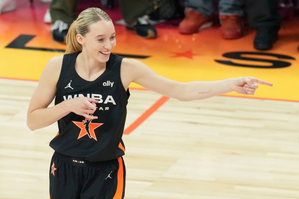 Dallas Wings' Paige Bueckers (5) reacts after a basket Saturday, July 19, 2025, during the WNBA All-Star Game at Gainbridge Fieldhouse in Indianapolis.