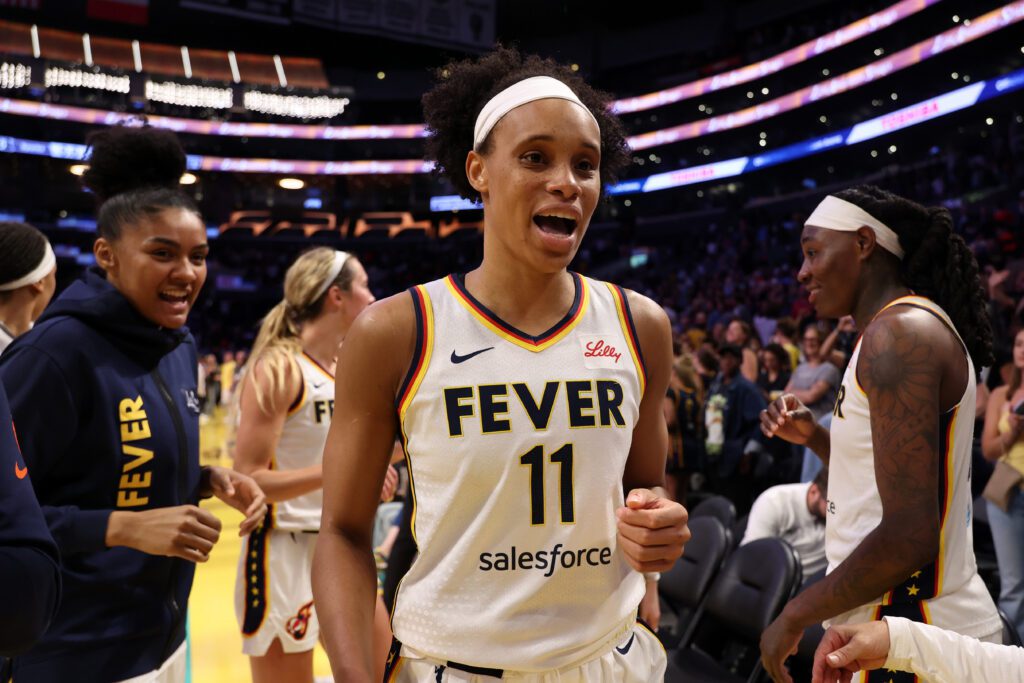 Indiana Fever forward Brianna Turner (11) celebrates after defeating the Los Angeles Sparks 76-75 at Crypto.com Arena.